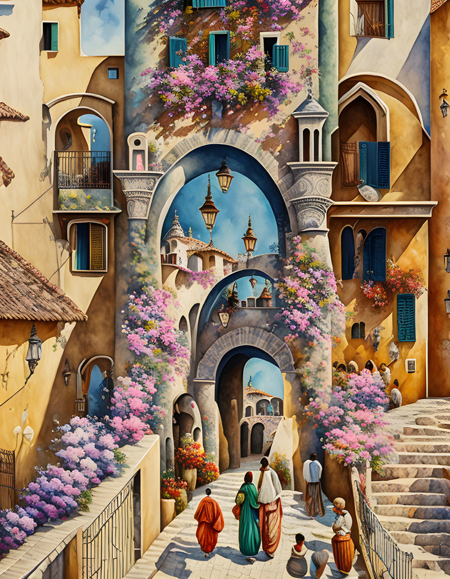 Historical town illustration with stone buildings, colorful flowers, and castle.