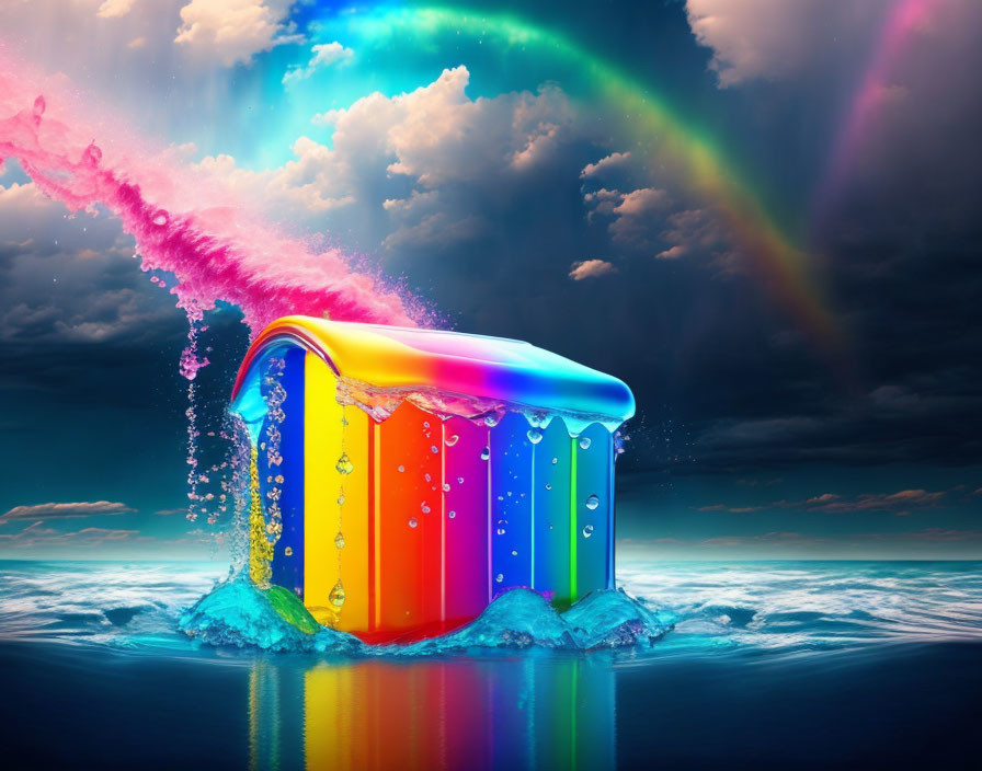 Colorful surreal image: Rainbow flowing into floating book on ocean