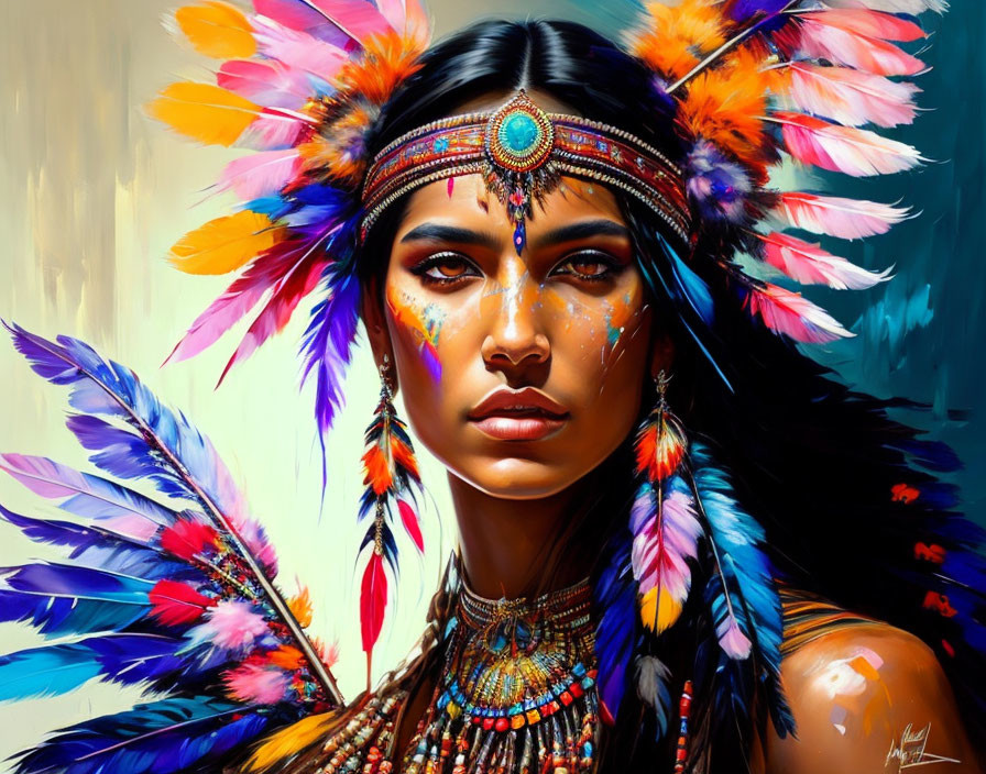 Digital painting of woman in Native American headdress and jewelry