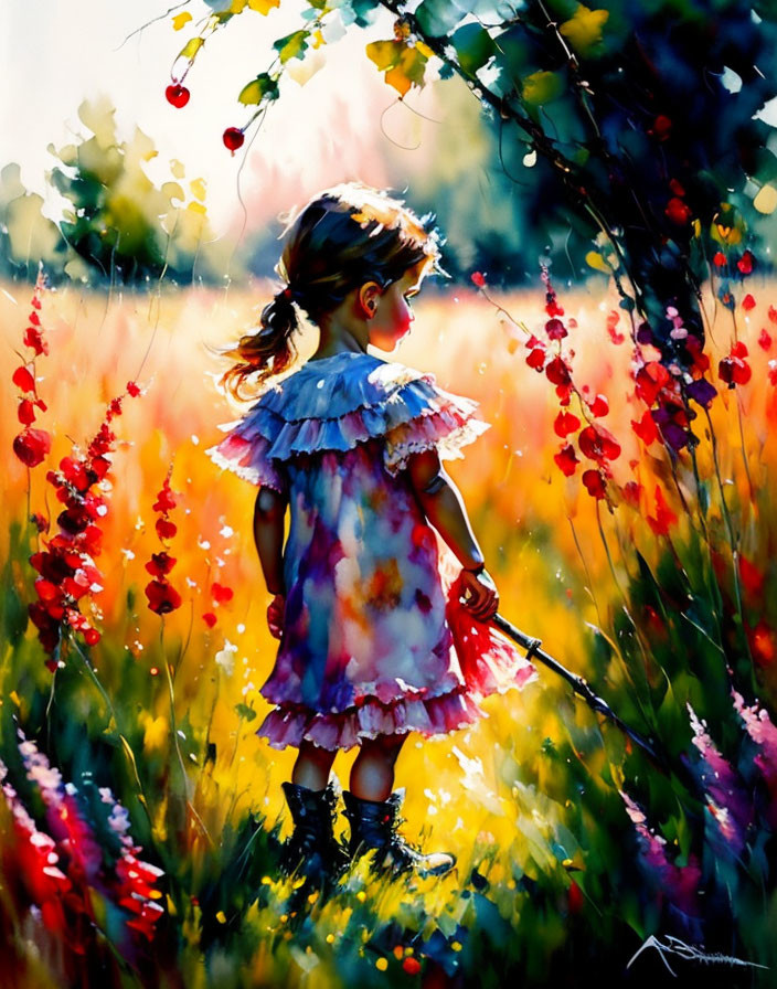 Colorful Painting: Young Girl in Meadow with Flowers