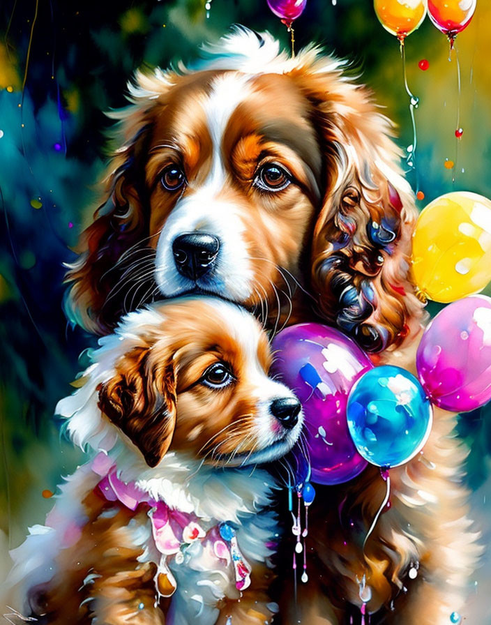 Vibrant illustration of fluffy dogs with balloons and bokeh.