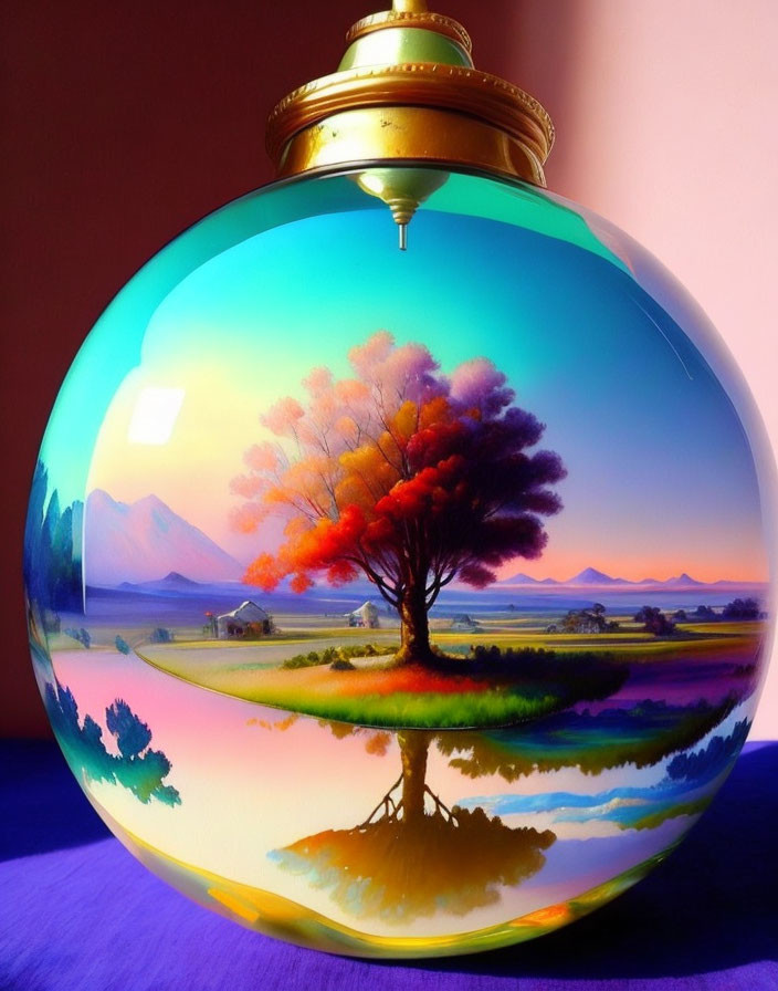 Vibrant landscape glass ornament with autumn tree and mountain reflection