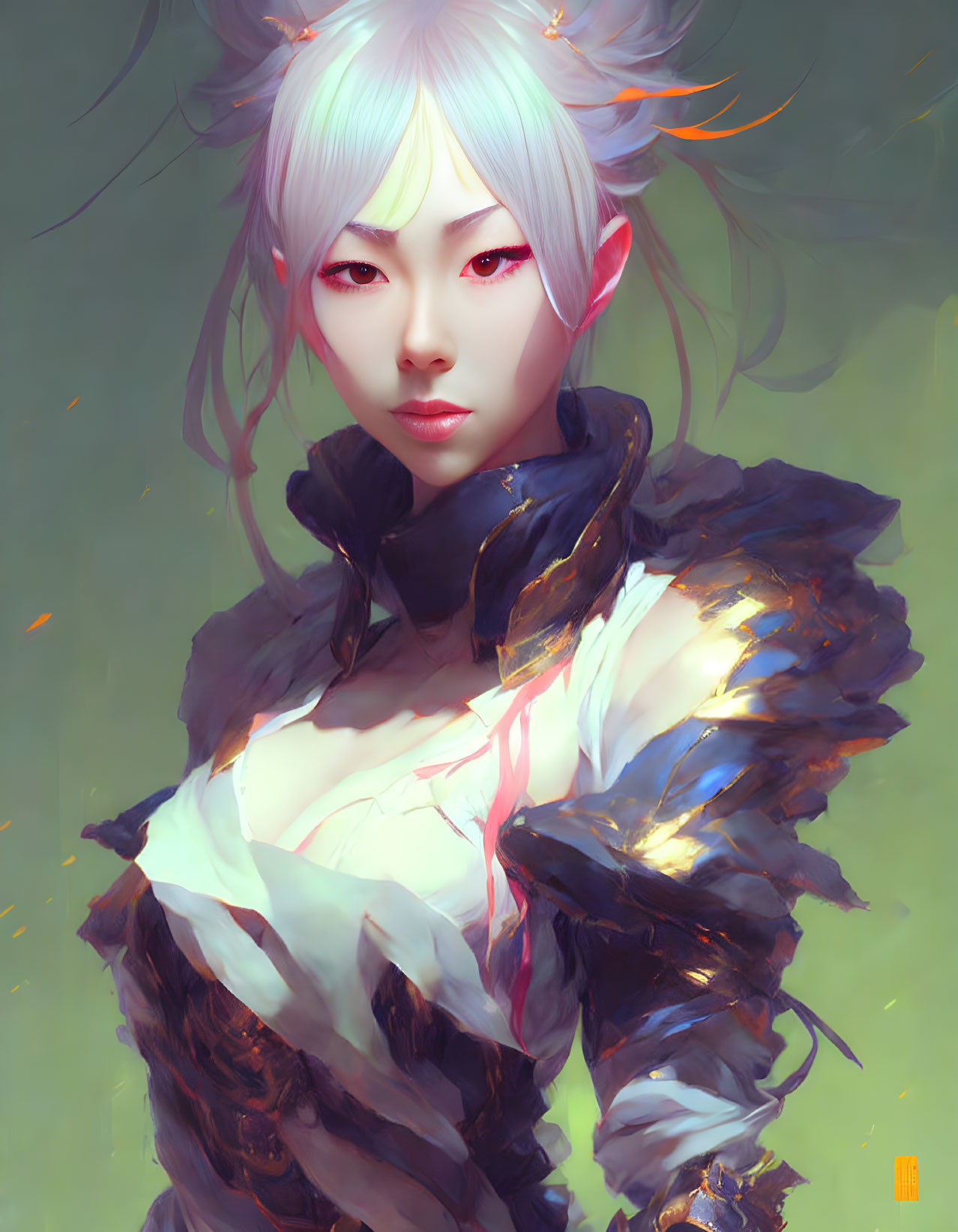 Fantasy female character with white hair and glowing accents in black and gold armor