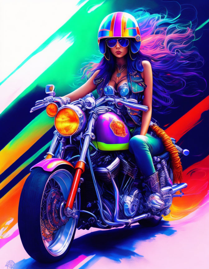 Woman in sunglasses on motorcycle with colorful helmet and vibrant neon streaks