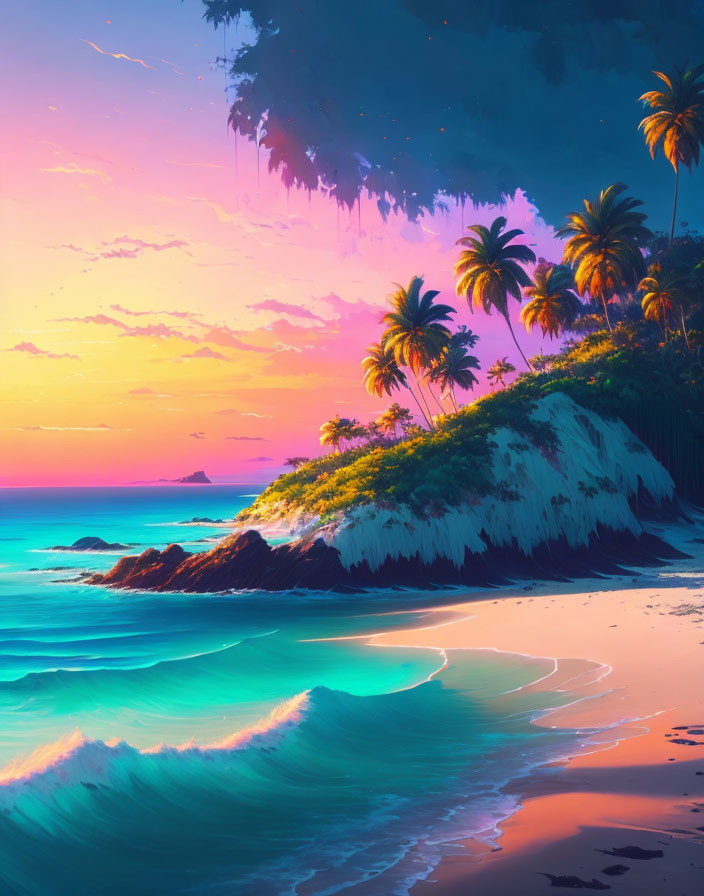 Tropical Beach Sunset Scene with Pink and Orange Sky