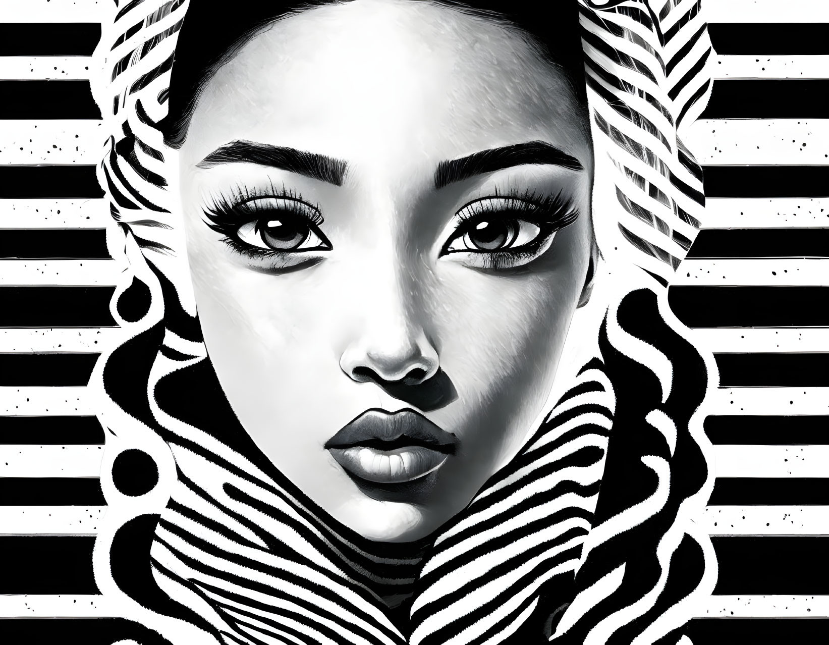 Monochrome digital portrait of a woman with striking eyes and zebra stripe patterns.