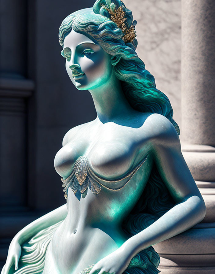 Teal-tinted statue of woman with intricate hair details on dark background