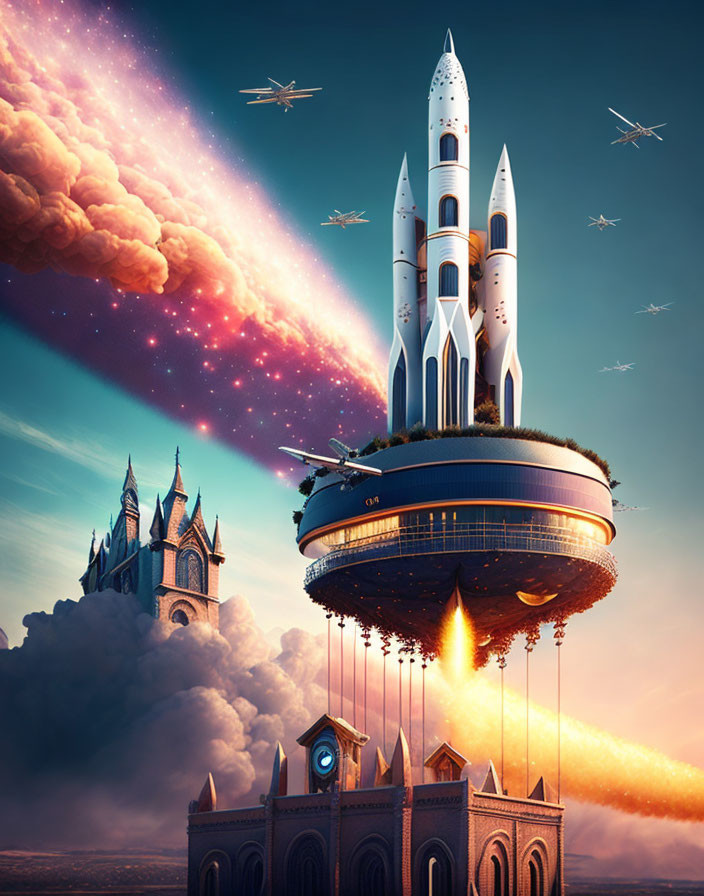 Fantasy spaceship with castle-like structure launches into starry sky surrounded by floating aircraft