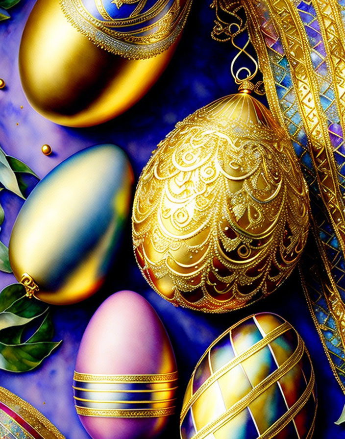 Ornate golden Fabergé-style eggs on deep blue backdrop