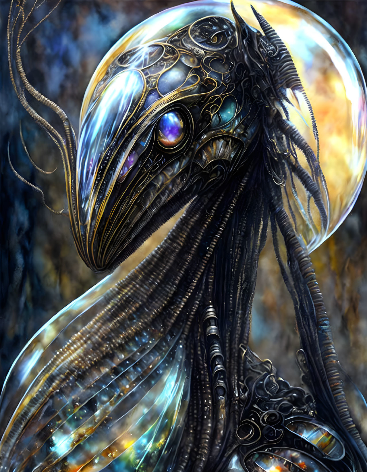 Biomechanical creature with metallic textures and intricate patterns