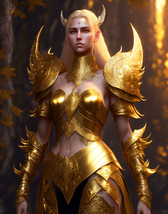 Golden-armored elf warrior with pointed ears in forest setting