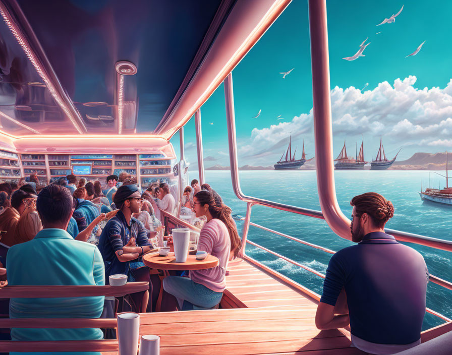 Futuristic cruise ship lounge with scenic seascape view