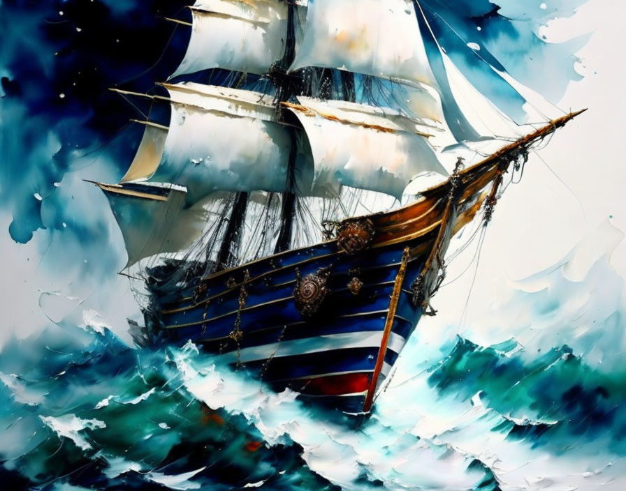 Colorful traditional sailing ship artwork on dynamic blue seas with abstract splash effect