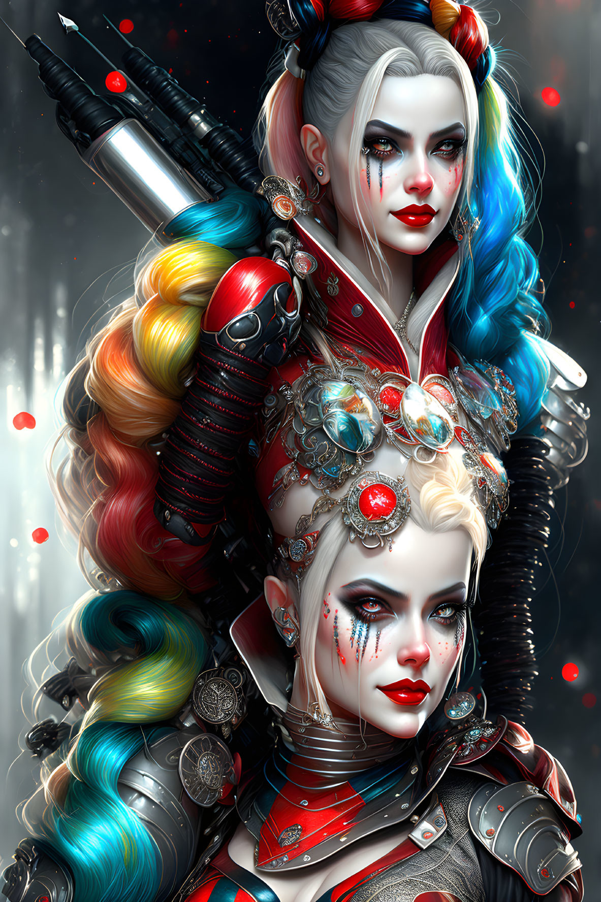 Stylized women with colorful hairstyles and warrior attire.