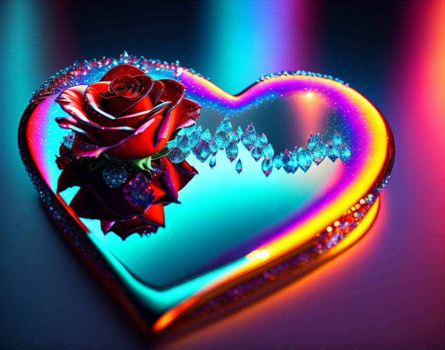 Glowing heart with roses and bejeweled edges on neon background