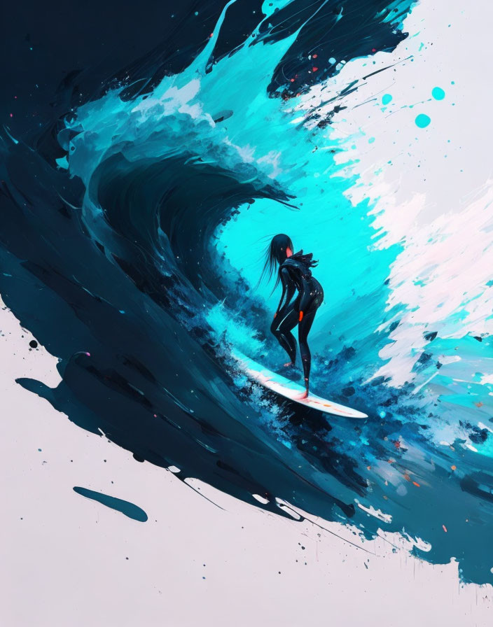 Dynamic Digital Artwork: Person Surfing Stylized Blue Wave