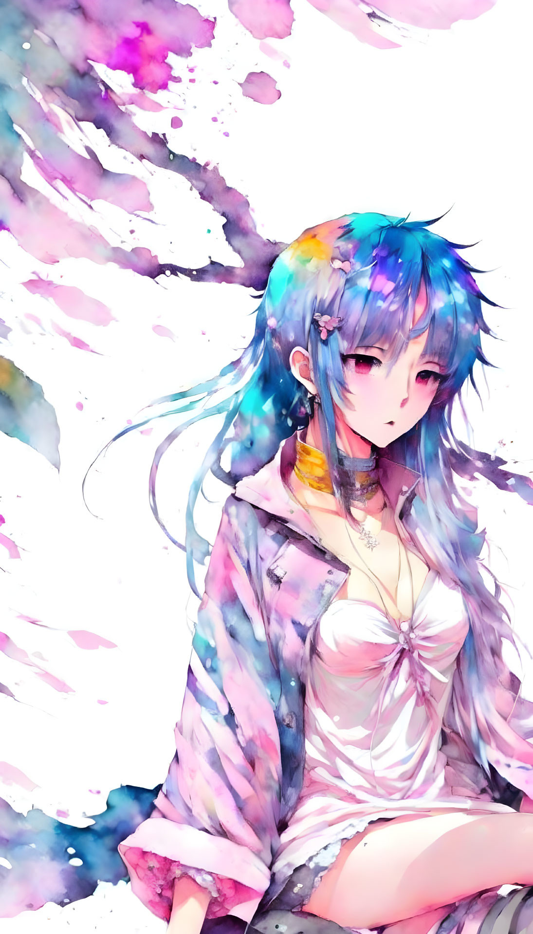 Vibrant anime-style illustration of girl with blue hair in white outfit