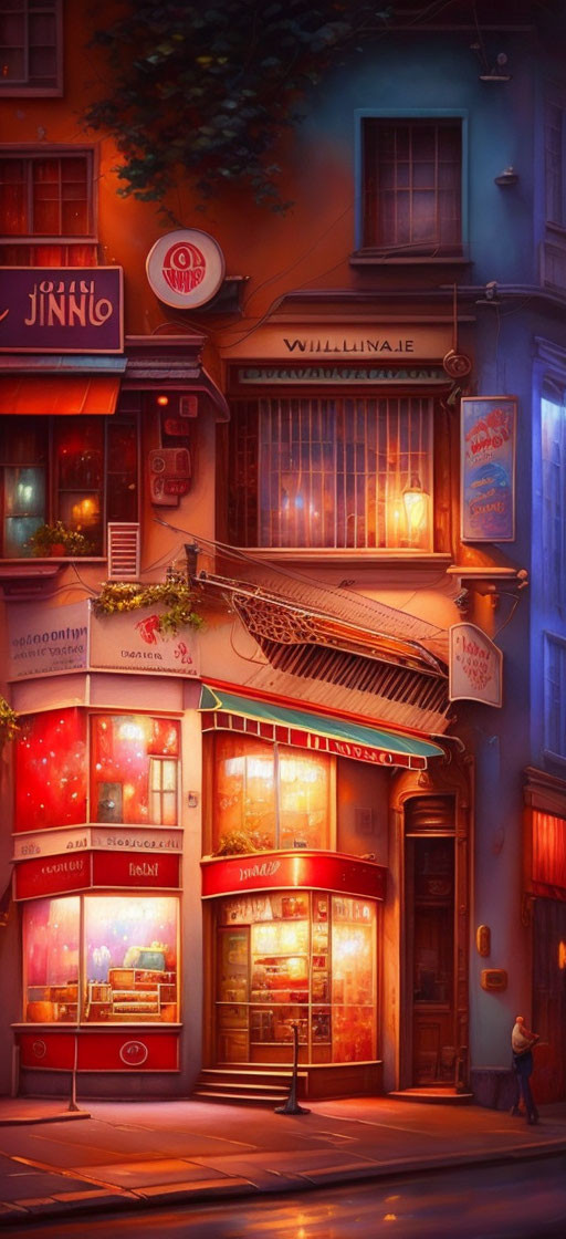 Cozy Night Street Scene with Bakery and Apartments