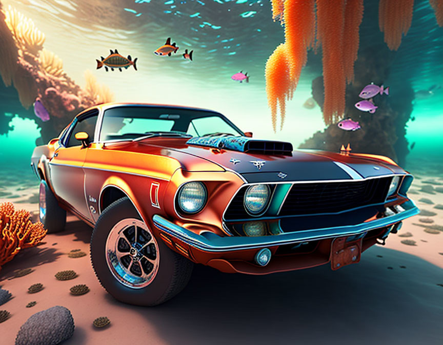 Vintage orange muscle car in surreal underwater scene with colorful coral and fish