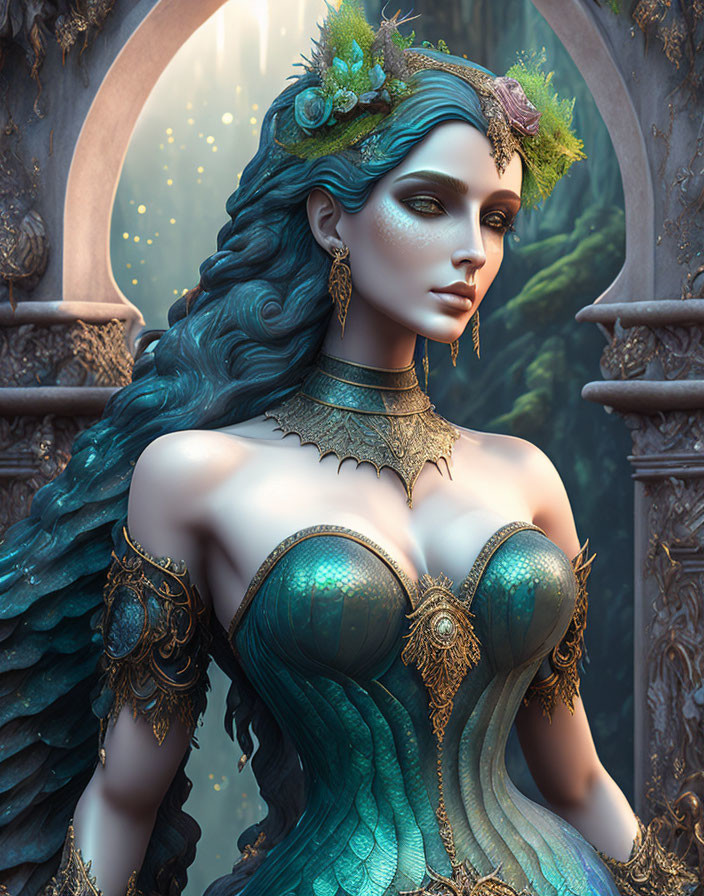 Blue-Scaled Fantasy Character in Green Headdress with Floral Details