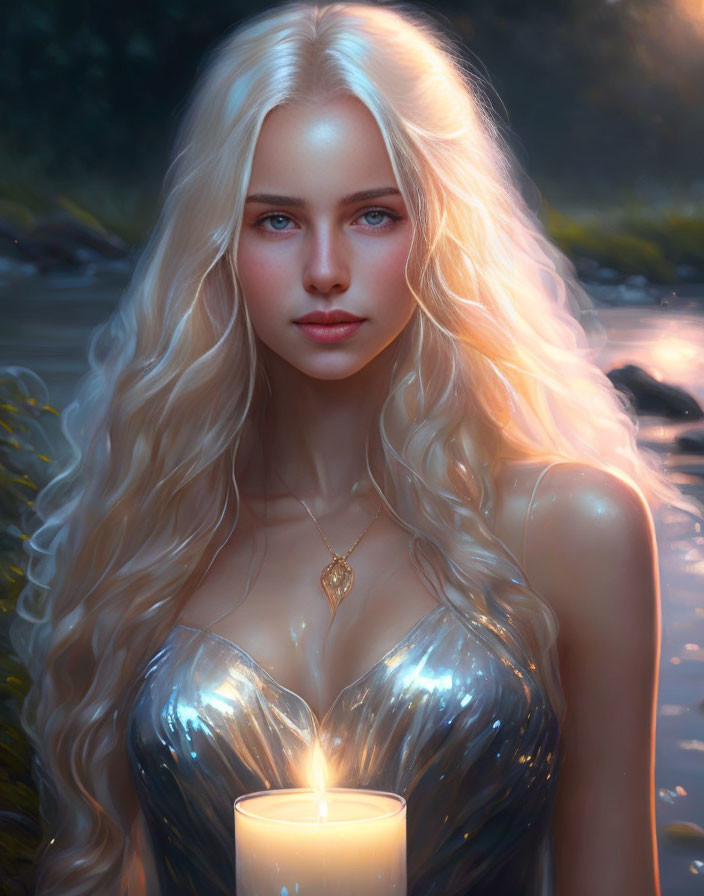 Blonde woman with blue eyes holding a lit candle at twilight