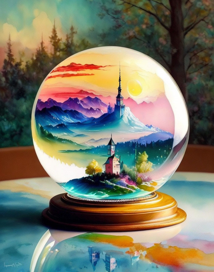 Castle in crystal ball painting on wooden base with scenic landscape