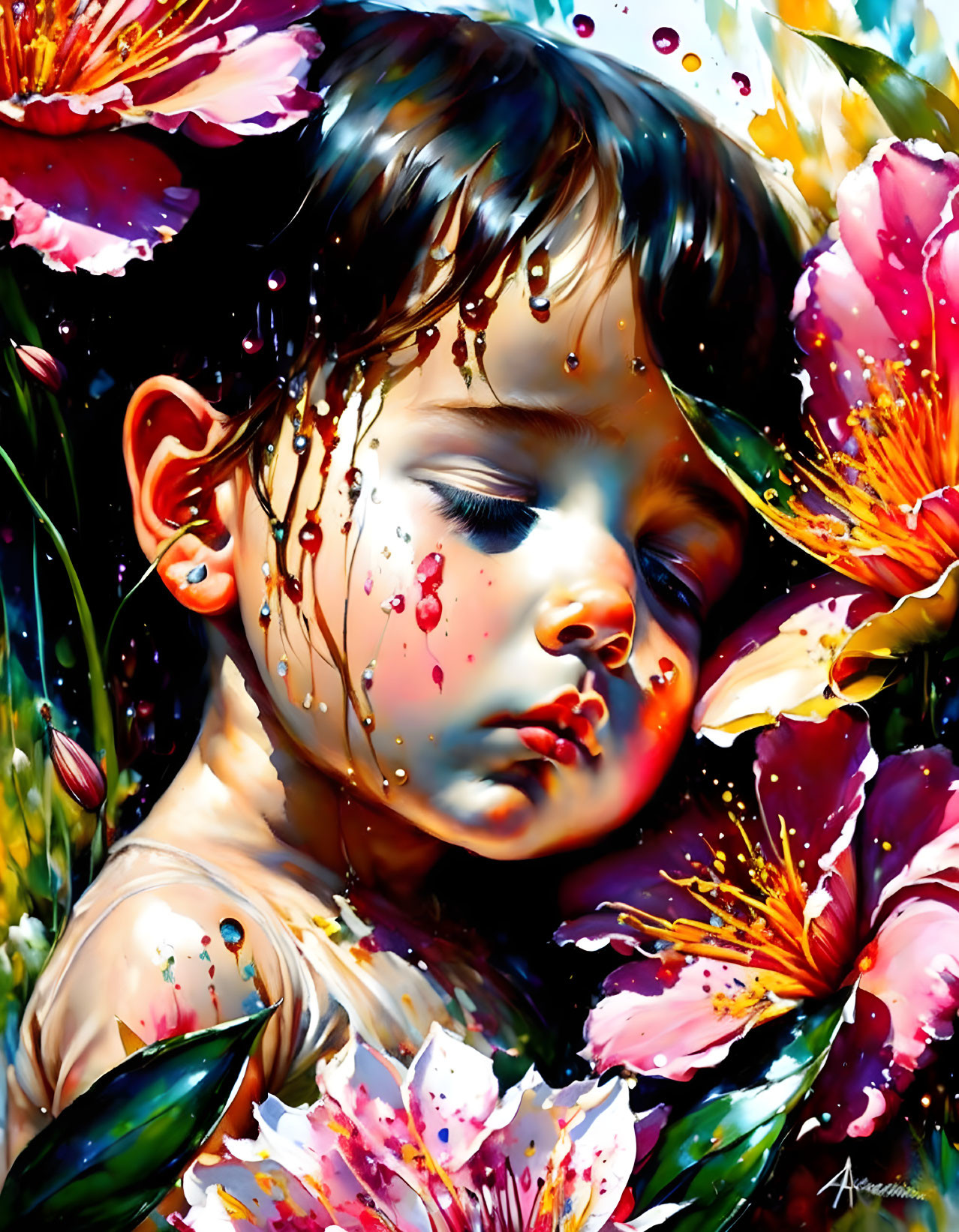 Colorful painting of sleeping child with flowers and paint drips