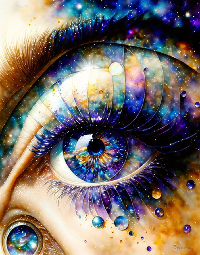 Colorful Galaxy-Themed Eye Illustration with Cosmic Elements