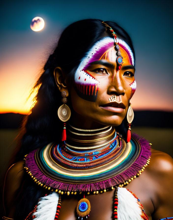 Portrait of a person with traditional face paint and jewelry under a dusk sky with moon