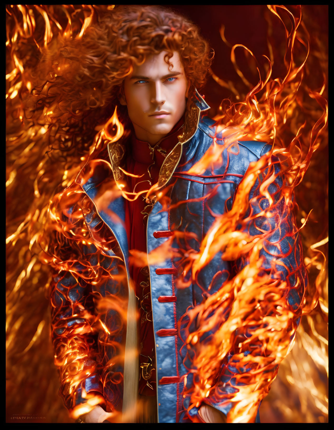 Person with Voluminous Curly Hair in Blue and Red Jacket Amid Swirling Flames