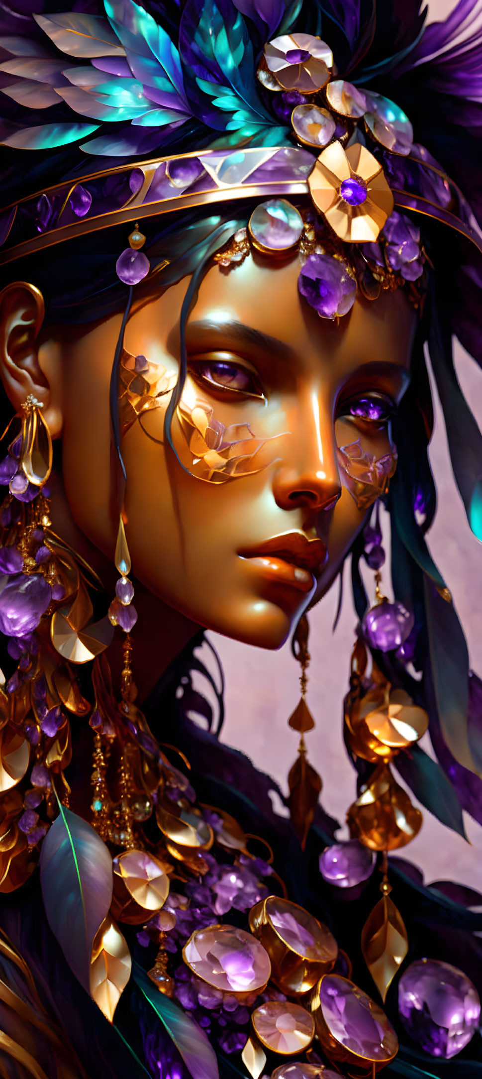 Detailed digital artwork: Woman with intricate headdress and jewelry in purple and gold