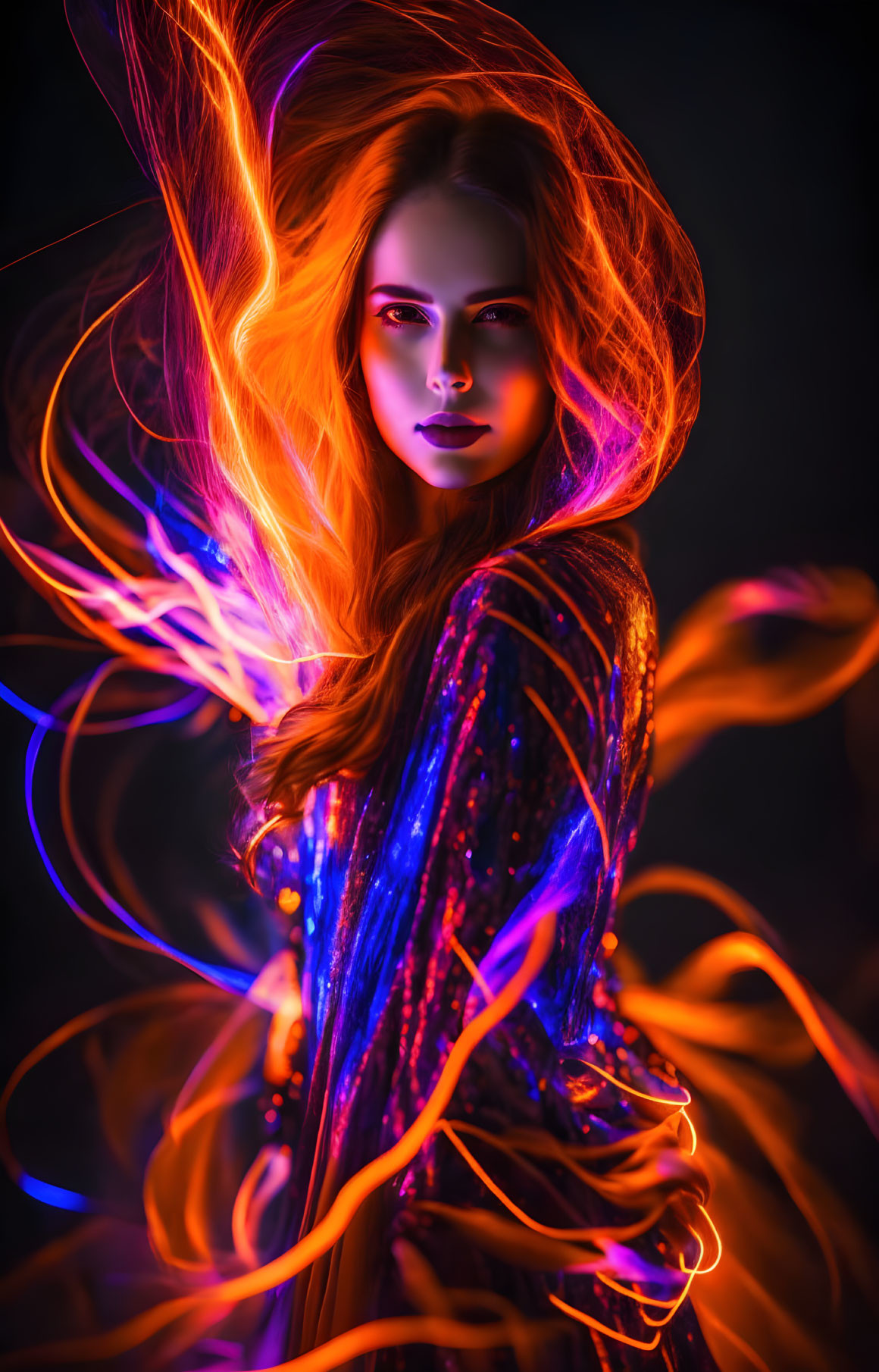 Fiery-haired woman in dramatic neon lighting against dark background