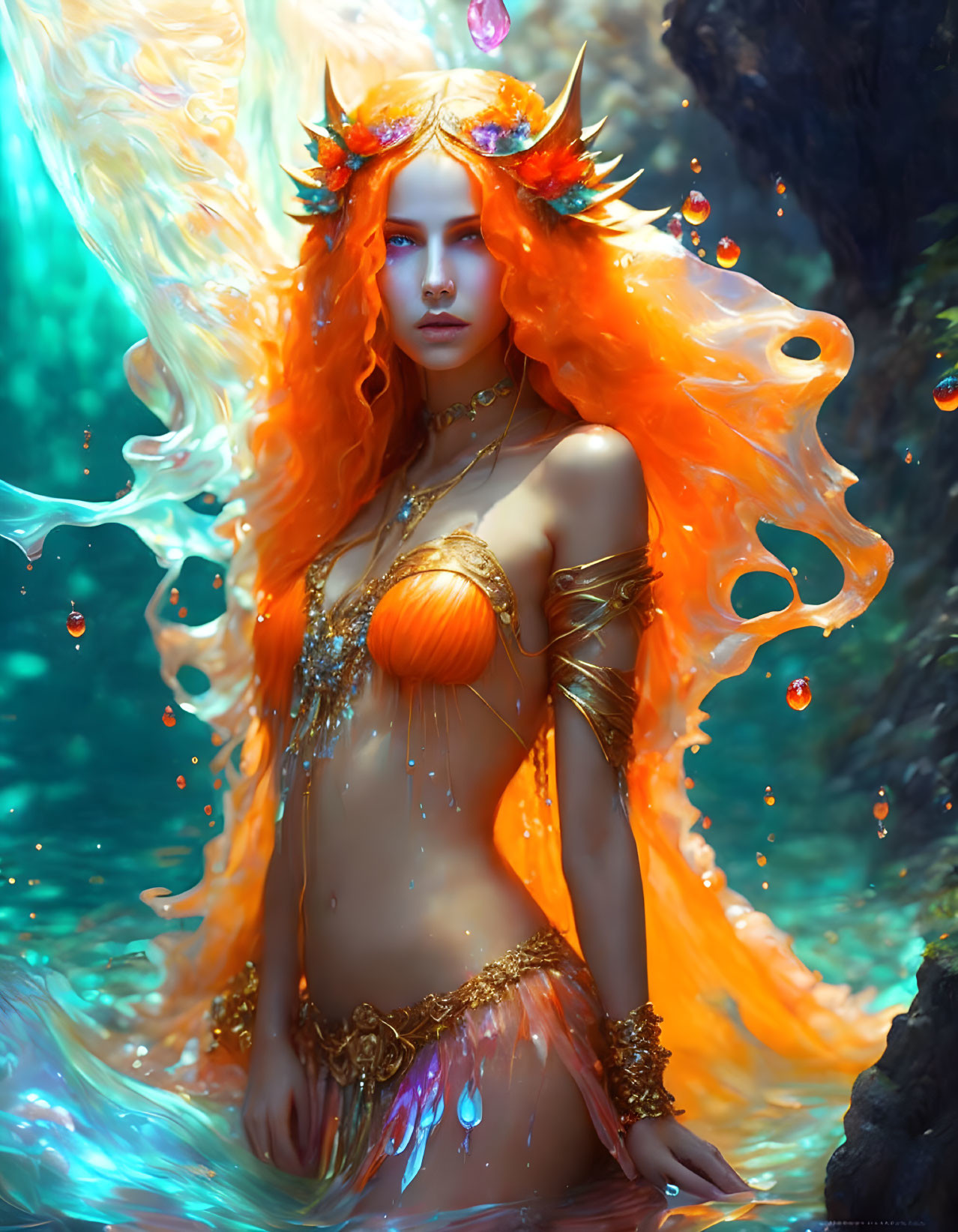 Fiery-Haired Female Figure with Radiant Crown and Mystic Aura