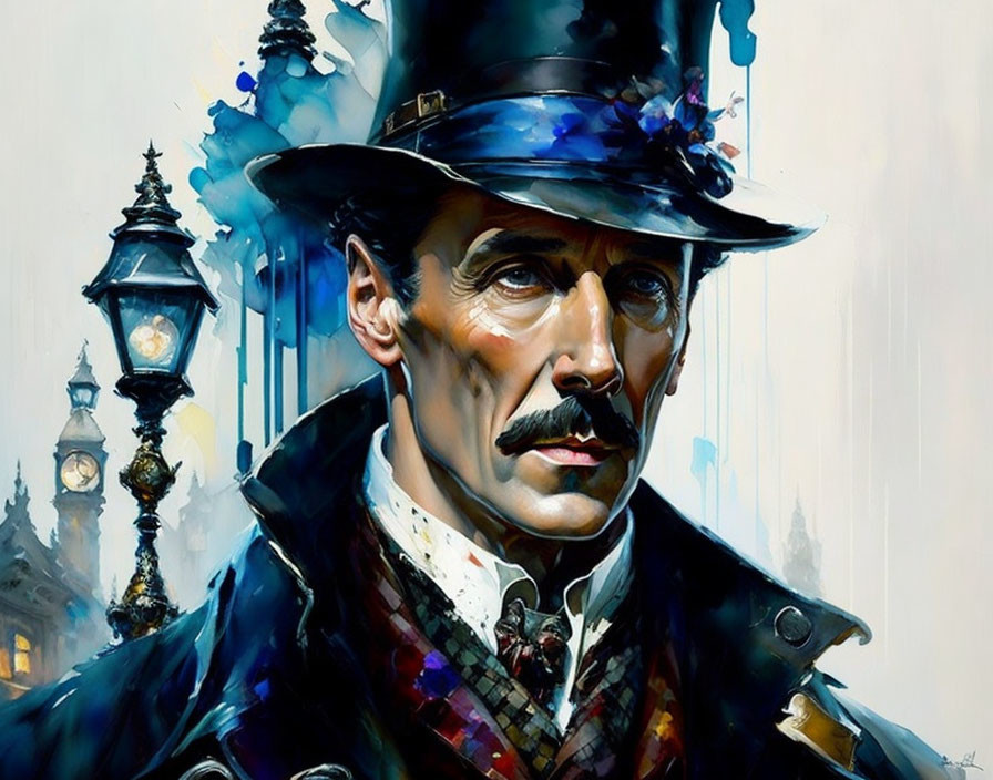 Victorian-era gentleman painting with top hat and mustache