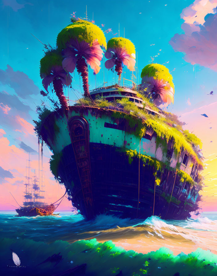 Colorful shipwreck scene with palm trees and sailboat under vibrant sky