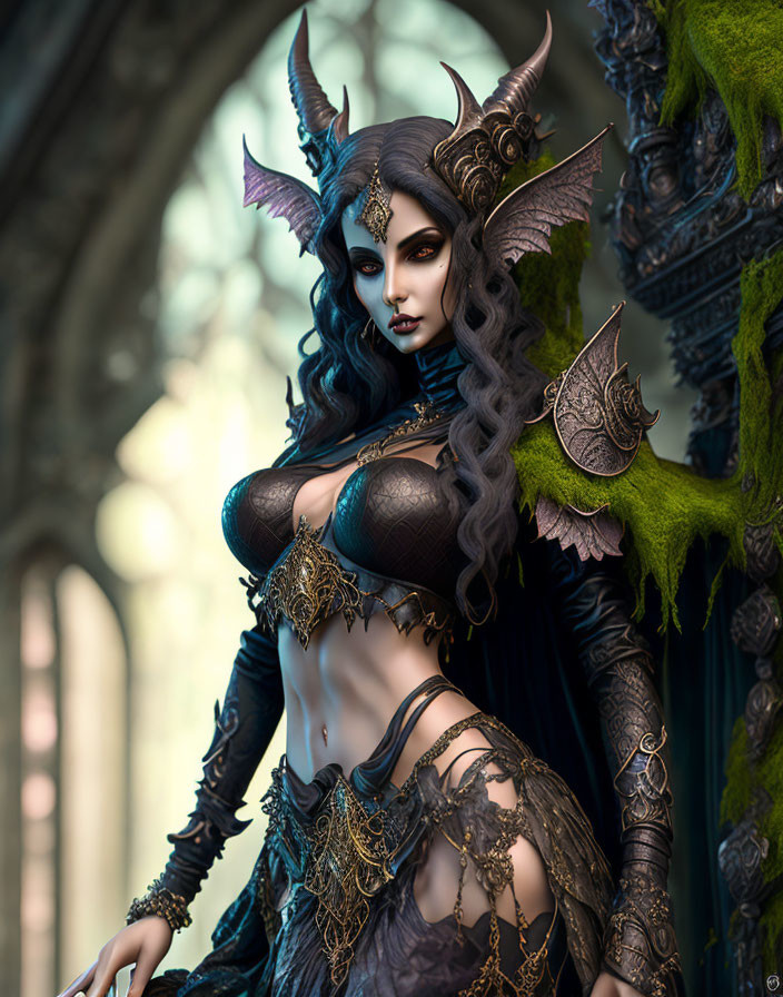 Dark-haired woman with horns in gothic attire and jewelry against archway backdrop