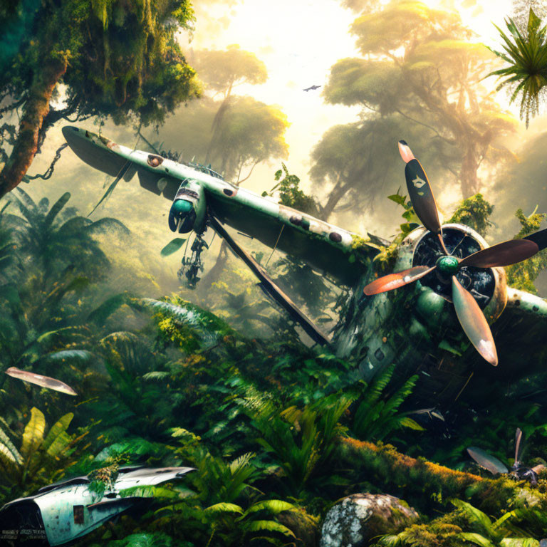 Vintage dual-propeller airplane crash-landed in lush jungle with sunlight filtering through canopy