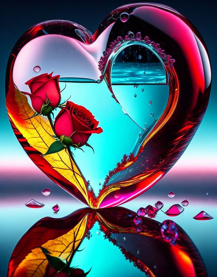 Heart-shaped glass with roses, leaves, and droplets on gradient background