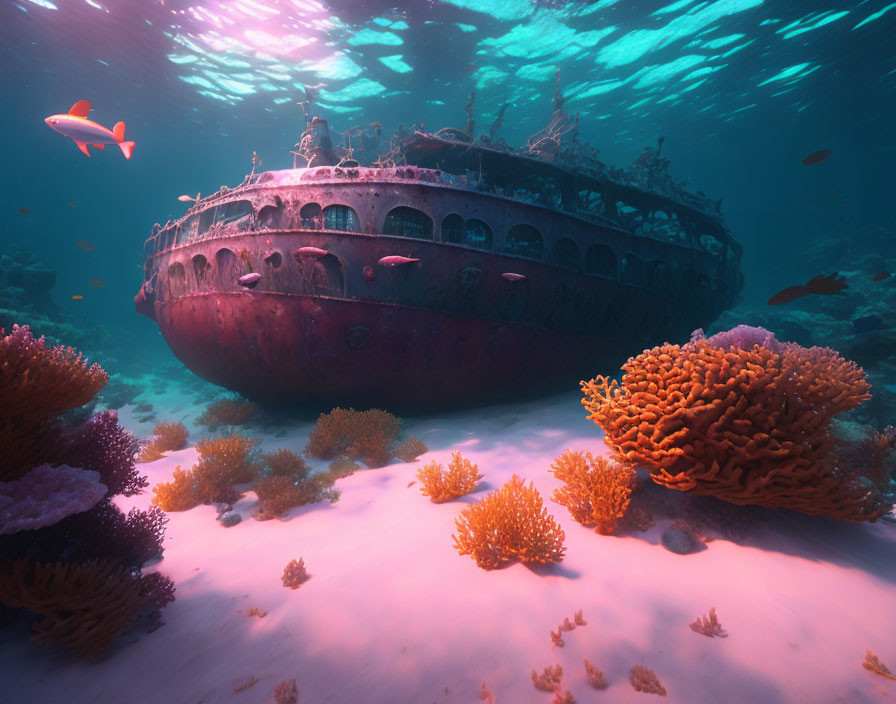 Sunken Ship Covered in Marine Life Amid Colorful Coral and Fish