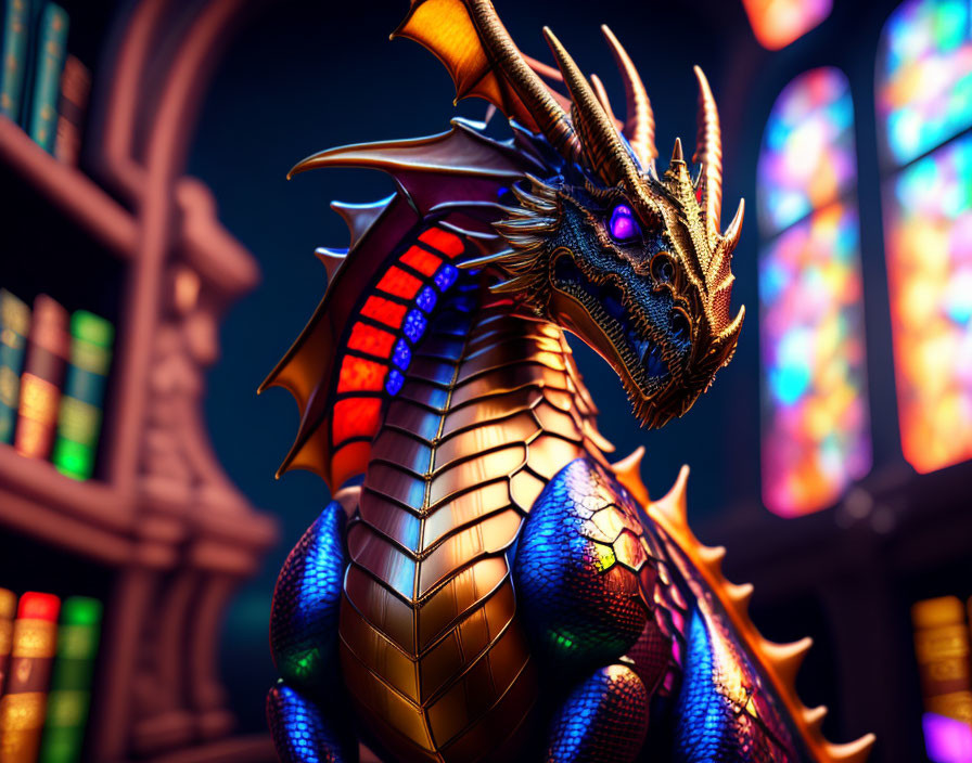 Metallic dragon with intricate scale details in colorful light from stained glass windows