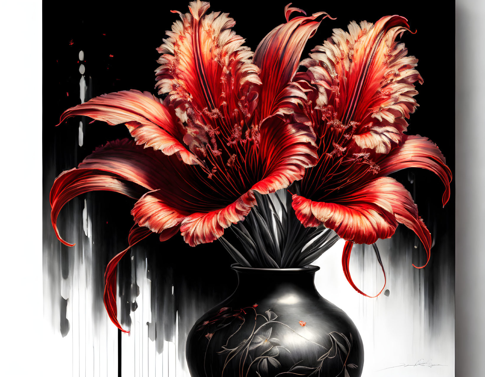 Colorful digital artwork: red and white striped flowers in a black vase on dark background with paint dri