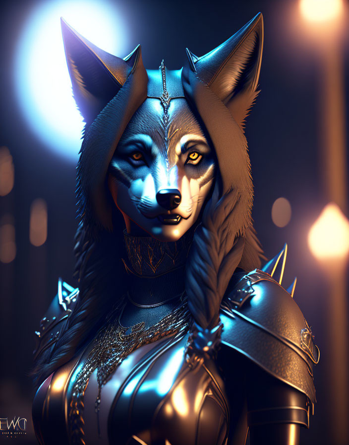 Anthropomorphic female wolf character in stylized armor with mystical ambiance