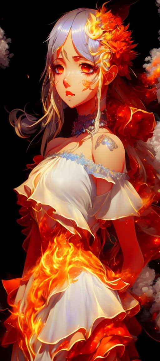 Anime-style character with silver hair, red eyes, fiery dress with orange flowers and flames