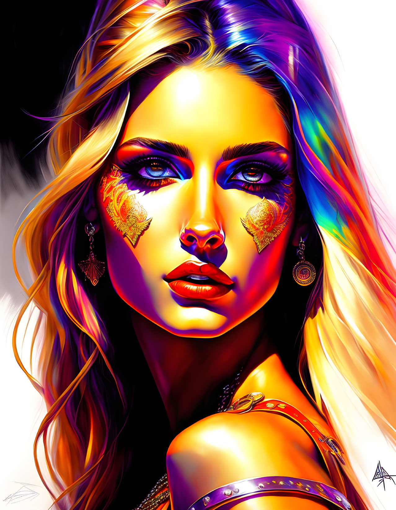 Colorful digital portrait of a woman with striking eyes and gold-leaf makeup.