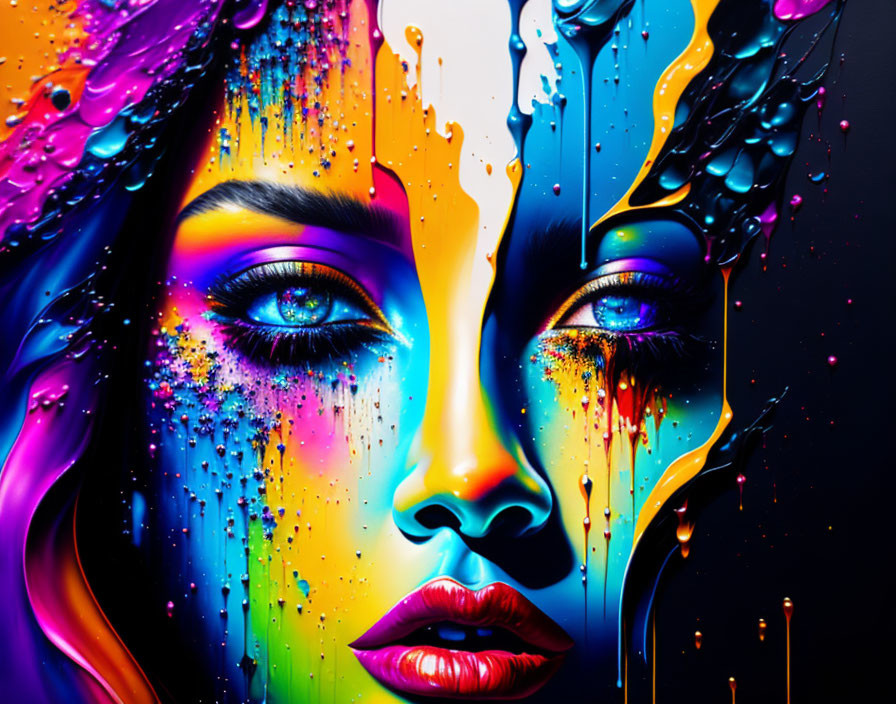 Colorful digital artwork of woman's face with paint drips on dark background