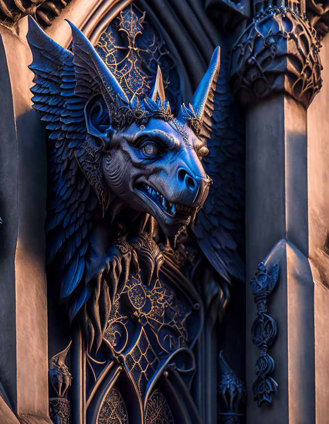 Blue Dragon Sculpture with Gold Detailing in Dark Gothic Setting