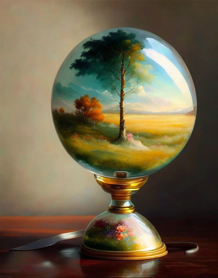 Intricately Painted Crystal Ball on Gold Stand with Serene Landscape