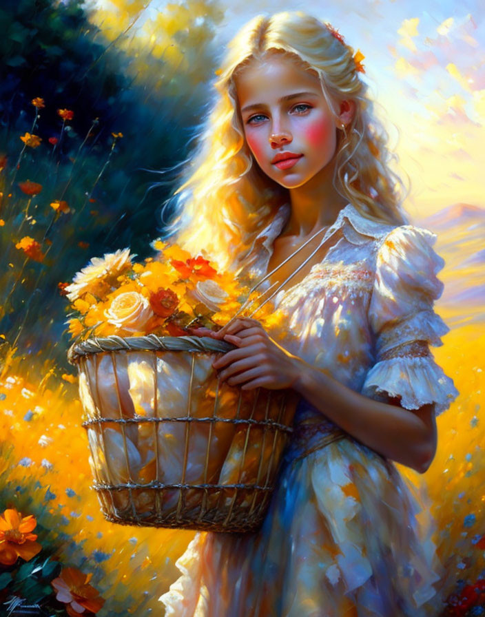 Blonde woman with flower basket in colorful floral setting