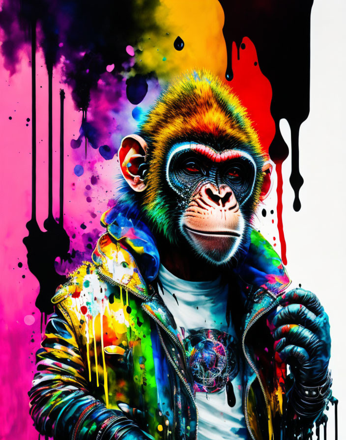 Vibrant baboon artwork with colorful paint drips and modern jacket