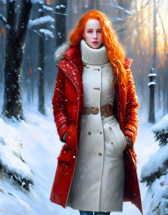 Red-haired woman in snowy forest with sunlight filtering through trees